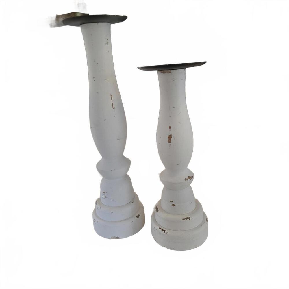 Farmhouse Set of Two White Wooden Candle Holders - Picture 4 of 5